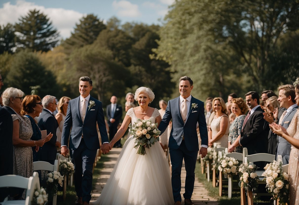 The groom and his mother walk down the aisle together