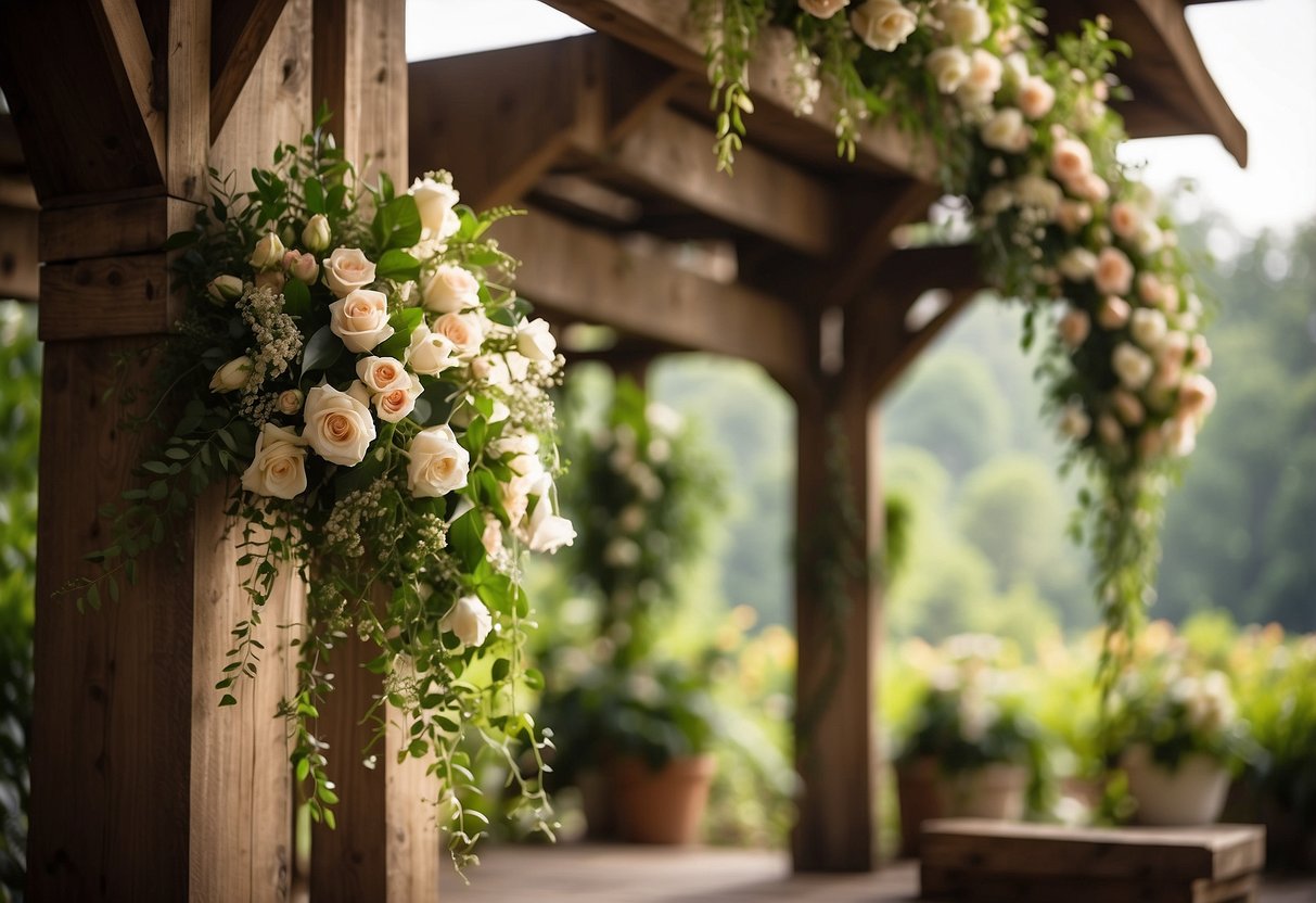 A silk flower chain drapes over a rustic wooden archway, adorned with greenery and delicate blooms, creating a romantic wedding garland