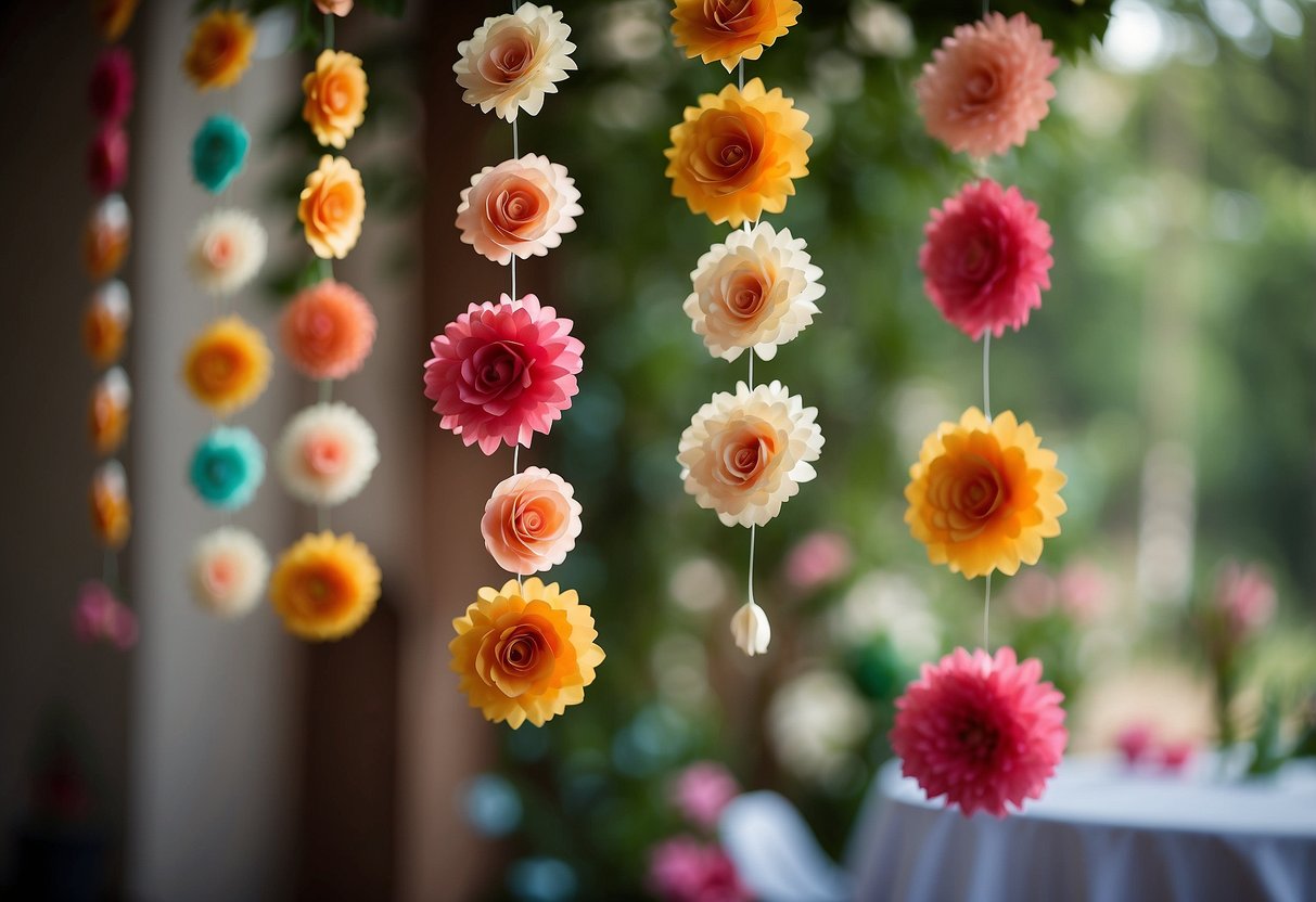 A colorful paper flower garland hangs gracefully, creating a whimsical and romantic atmosphere for a wedding celebration