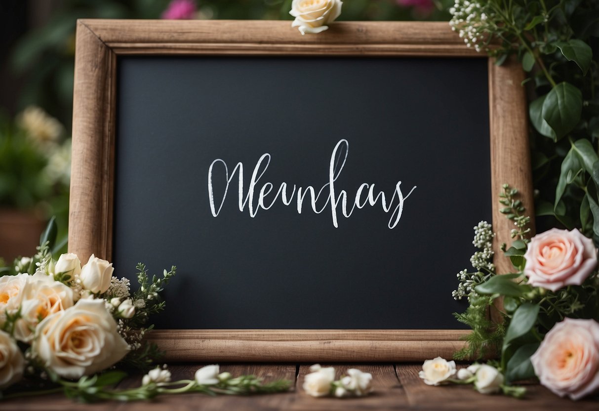 A chalkboard with various wedding hashtag ideas written in elegant calligraphy. Flowers and greenery surround the board, creating a romantic and whimsical atmosphere