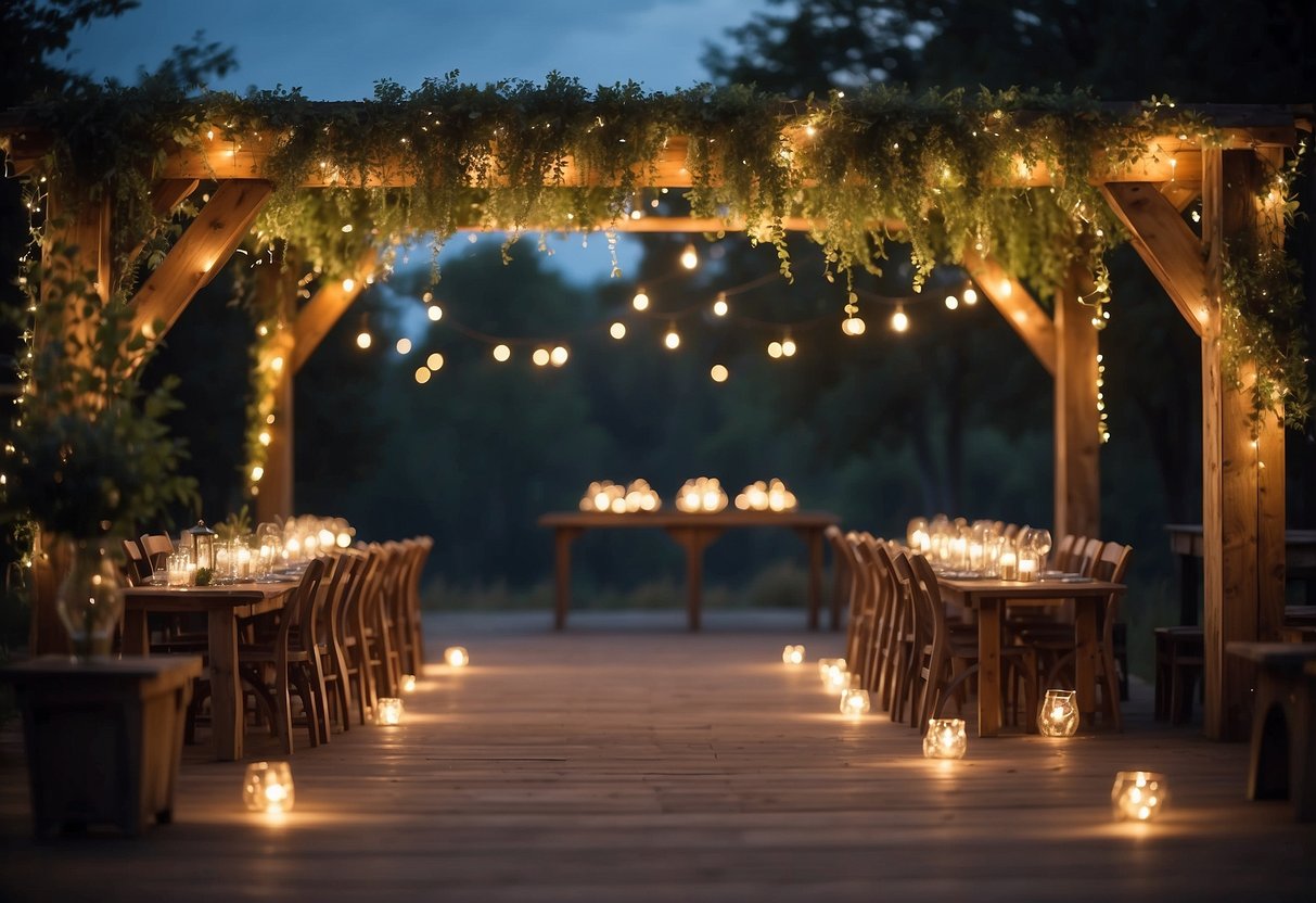 A cozy outdoor wedding reception with LED fairy light garlands draped over a rustic wooden archway, creating a warm and enchanting atmosphere