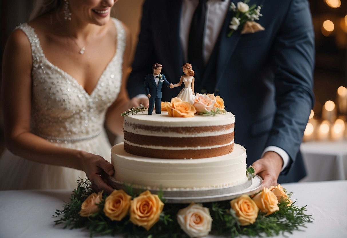 A bride and groom cutting a wedding cake with a "HappilyEverAfter" hashtag sign in the background