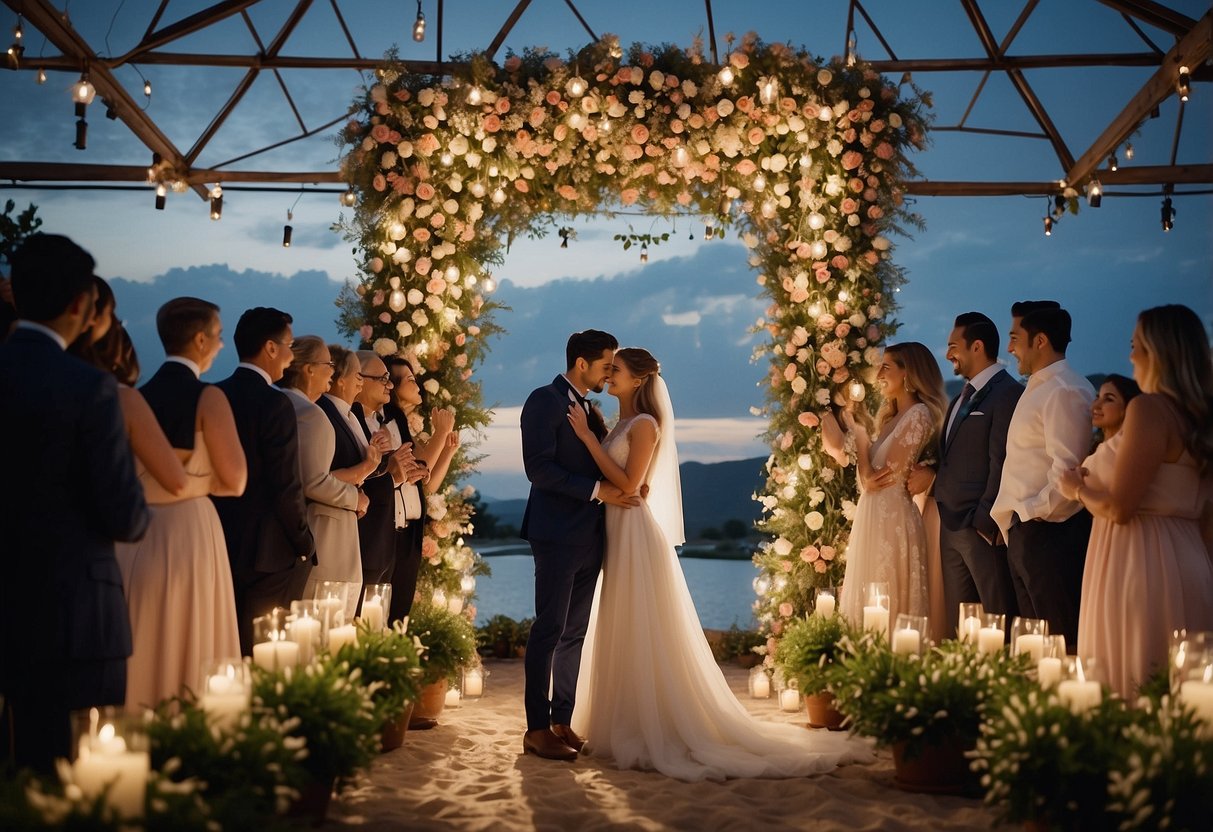 A wedding couple stands under a floral arch, surrounded by twinkling lights and surrounded by their loved ones, with the hashtag #ForeverStartsNow displayed prominently