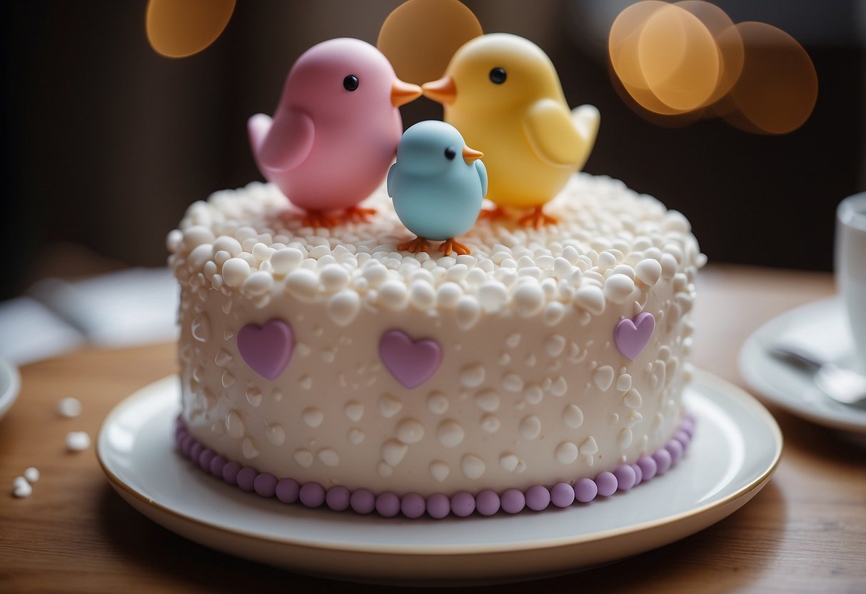 A heart-shaped wedding cake surrounded by laughter bubbles and love birds