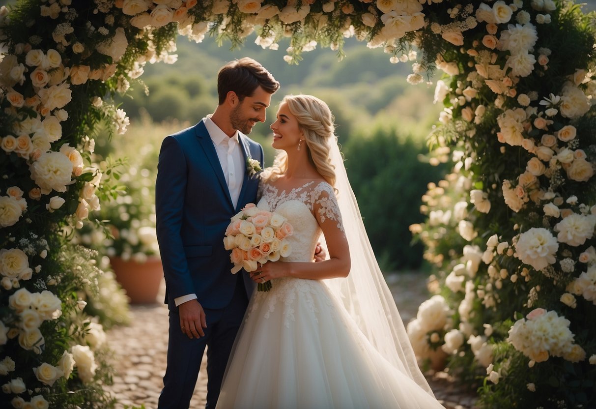 A bride and groom standing under a floral arch with a hashtag sign in the background