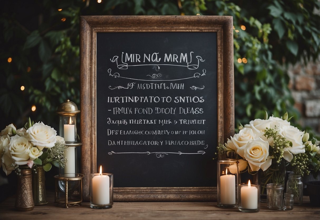 A chalkboard with various wedding-related symbols and the words "MrsAndMr wedding hashtag ideas" written in elegant calligraphy