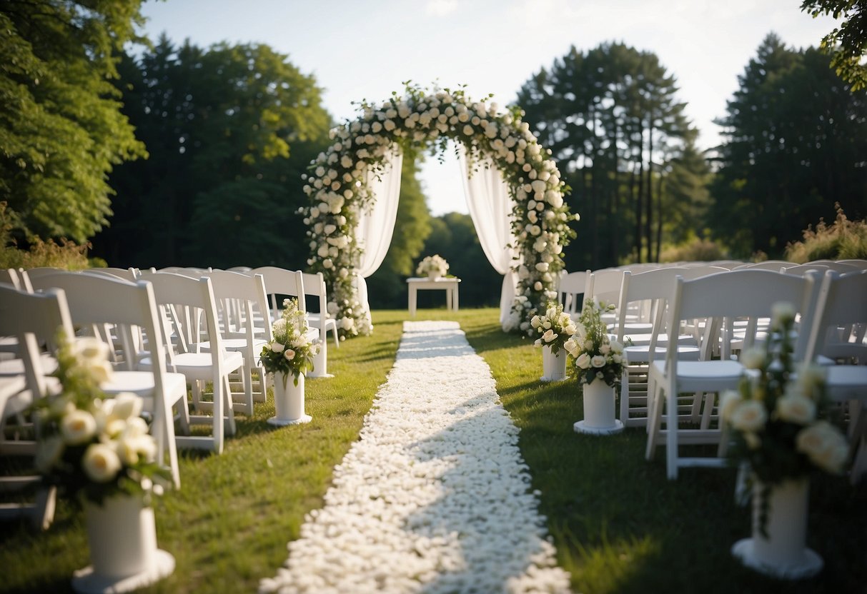 A beautiful outdoor wedding ceremony with white chairs arranged in a semi-circle facing a floral archway. The sun is shining, and there are lush green trees in the background