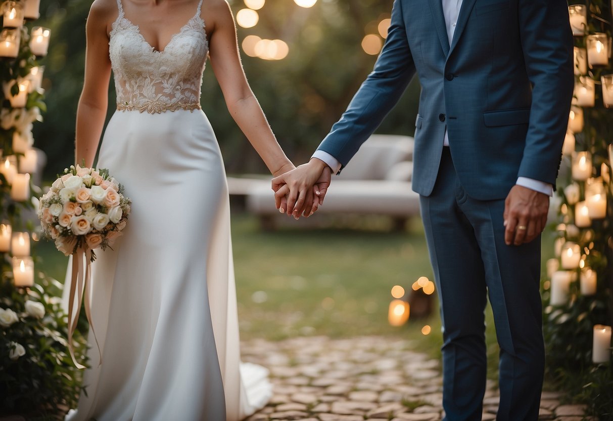 A bride and groom holding hands, surrounded by romantic decor and a sign with various wedding hashtag ideas