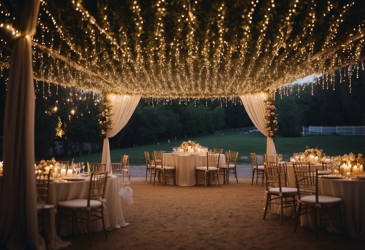 A canopy of twinkling fairy lights drapes over an outdoor wedding ceremony, creating a magical and romantic atmosphere