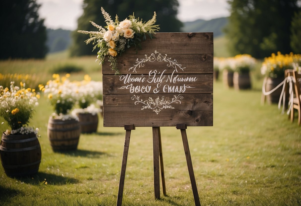 A rustic wooden sign stands in a field, adorned with calligraphy and flowers, directing guests to an outdoor wedding ceremony