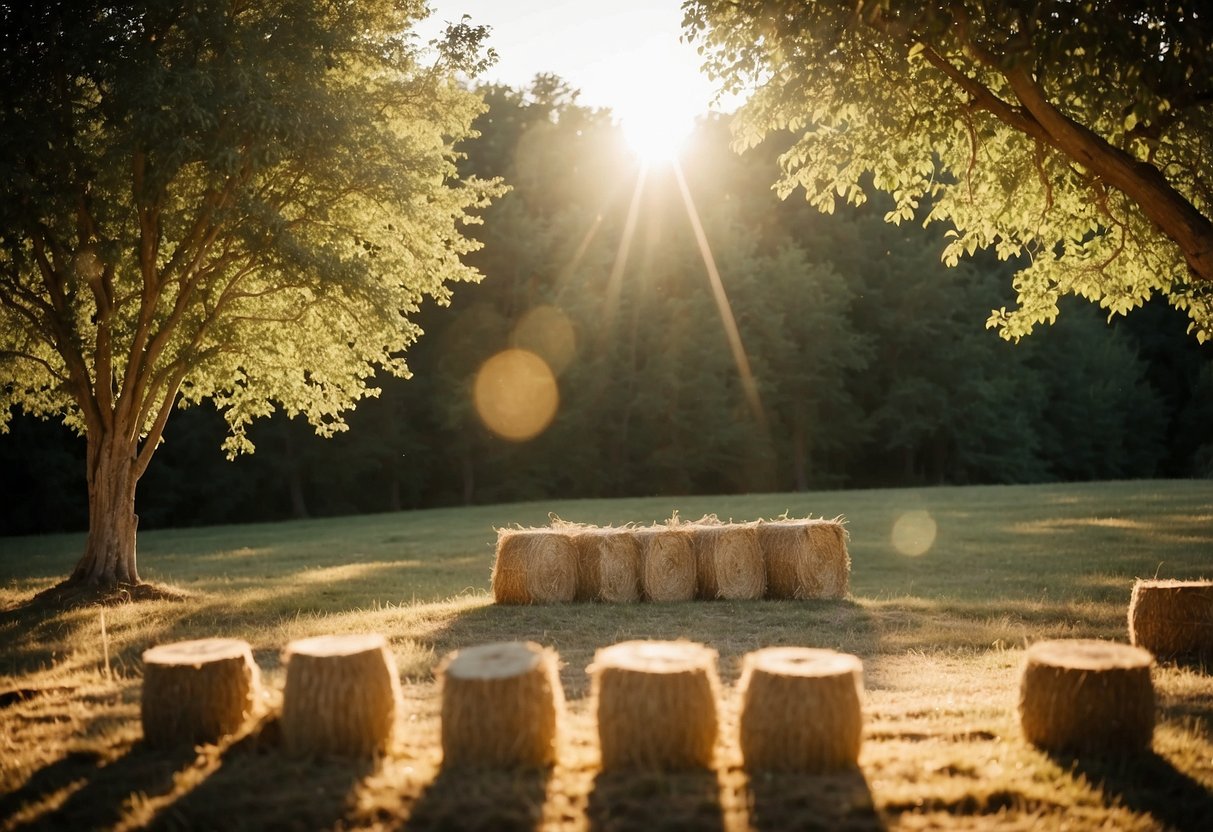 Sunlight filters through trees onto hay bale seating arranged in a semi-circle for an outdoor wedding ceremony. A rustic, natural setting with a touch of elegance