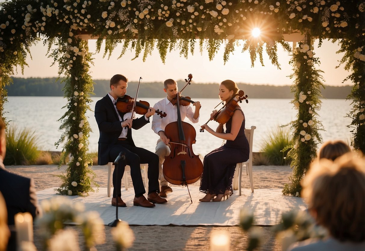 A string quartet performs under a floral arch at an outdoor wedding ceremony. The sun sets behind them, casting a warm glow over the scene