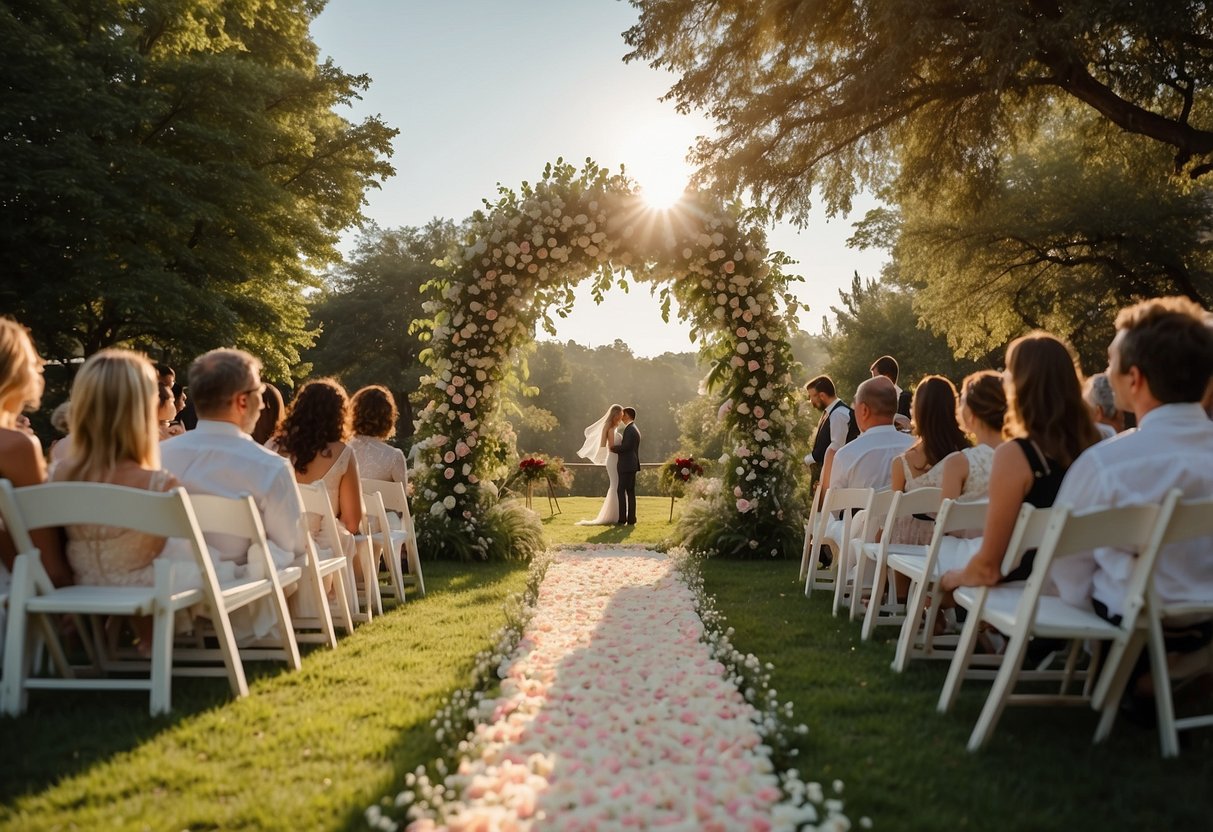 An outdoor wedding ceremony with a flower petal aisle leading to a beautiful arch adorned with flowers and greenery. The sun is shining, casting a warm glow on the scene