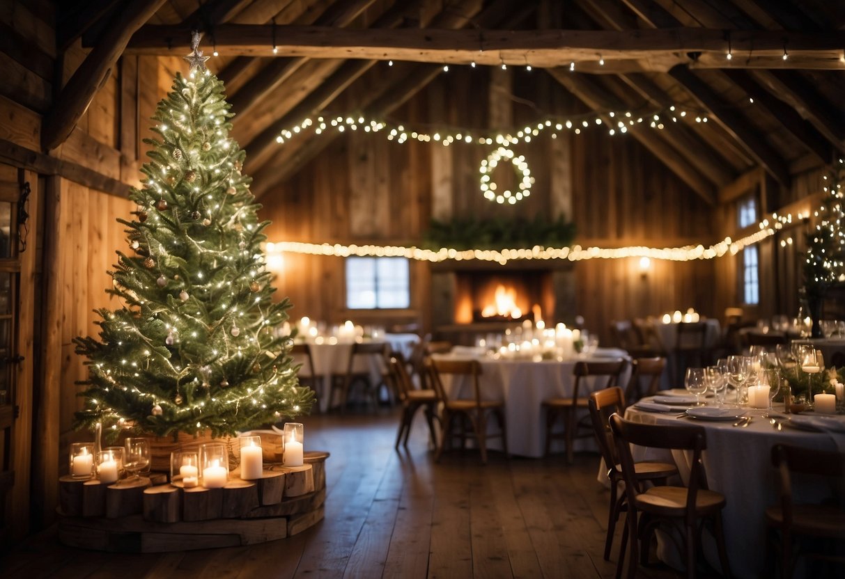 A cozy winter wedding with twinkling lights, evergreen garlands, and a festive color palette. A rustic barn setting with a crackling fireplace and a beautiful Christmas tree as the focal point