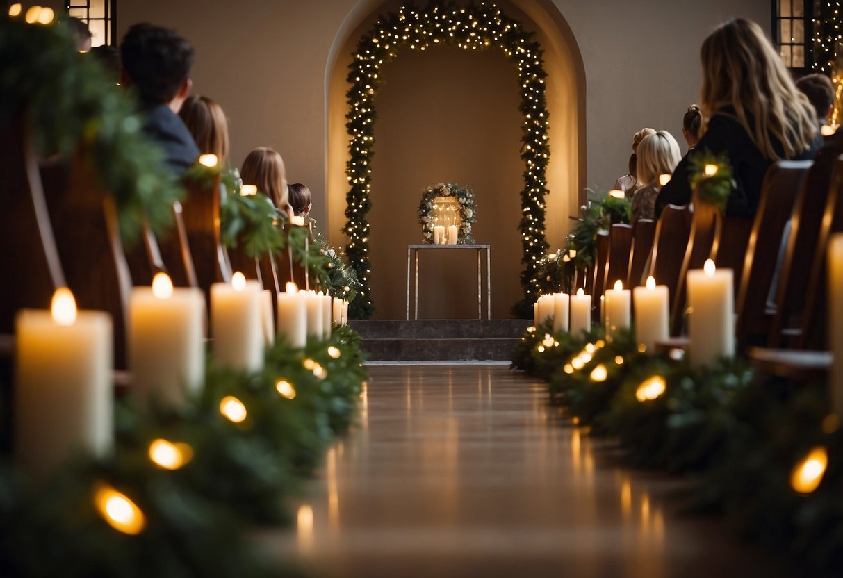 A candlelit aisle adorned with evergreen garlands and twinkling lights, leading to a festive Christmas wedding altar