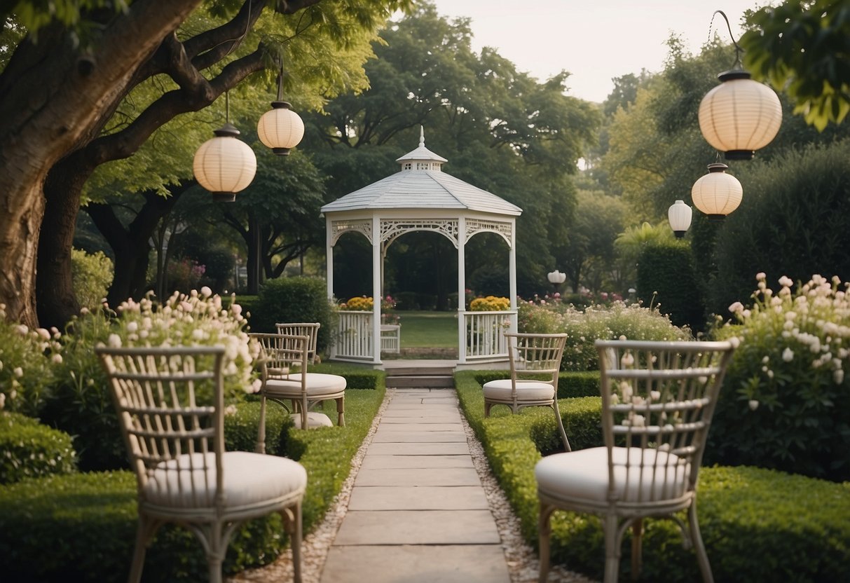 A lush garden with a white gazebo adorned with flowers, surrounded by elegant chairs and a pathway lined with lanterns. A string quartet plays softly in the background as guests mingle and enjoy the serene atmosphere