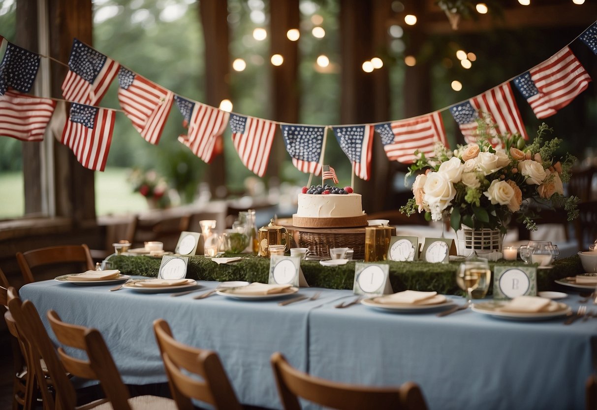 A vintage wedding reception with ww2-era decor, including ration book-inspired invitations, victory garden centerpieces, and patriotic bunting