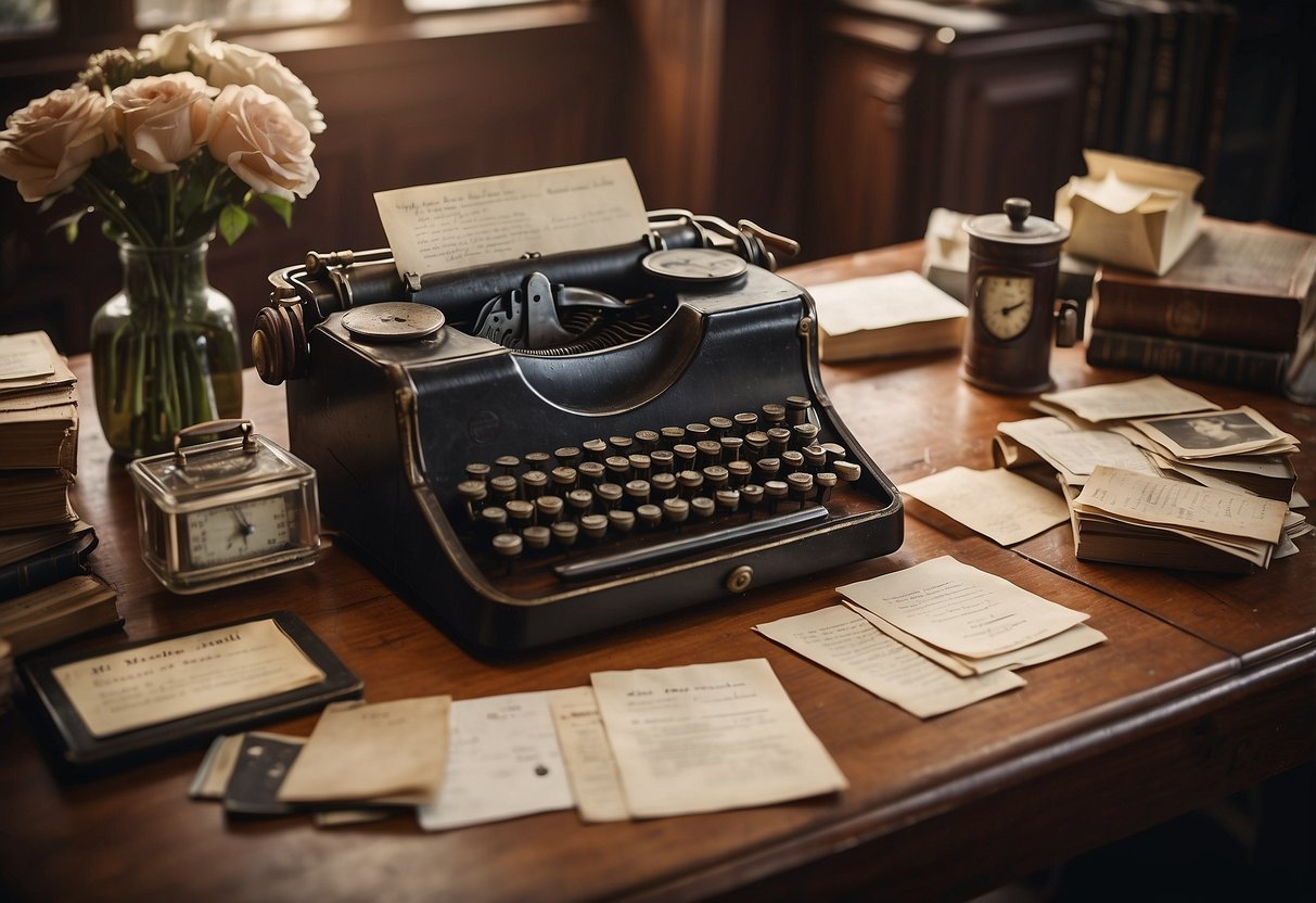 A vintage desk with scattered love letters, old photographs, and wedding memorabilia from World War II