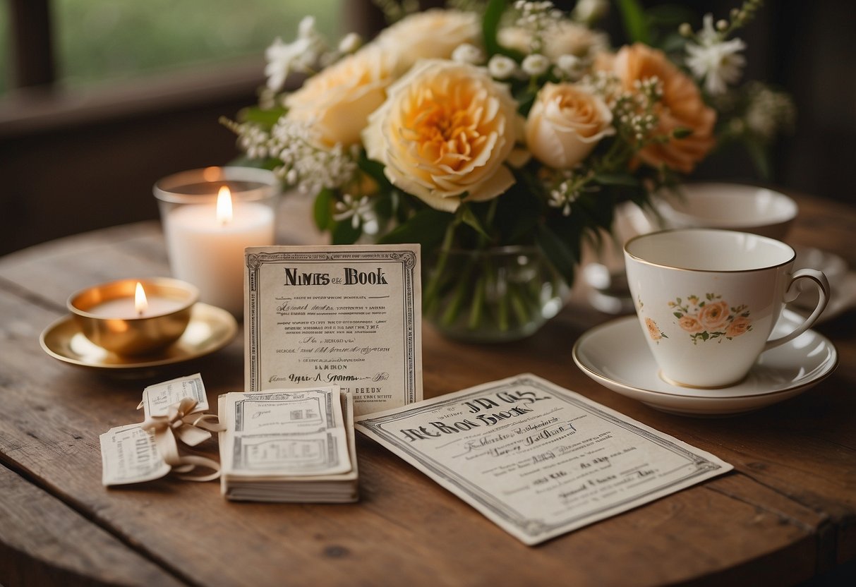 Ration book-themed wedding favors displayed on a vintage table with 1940s decor and floral arrangements