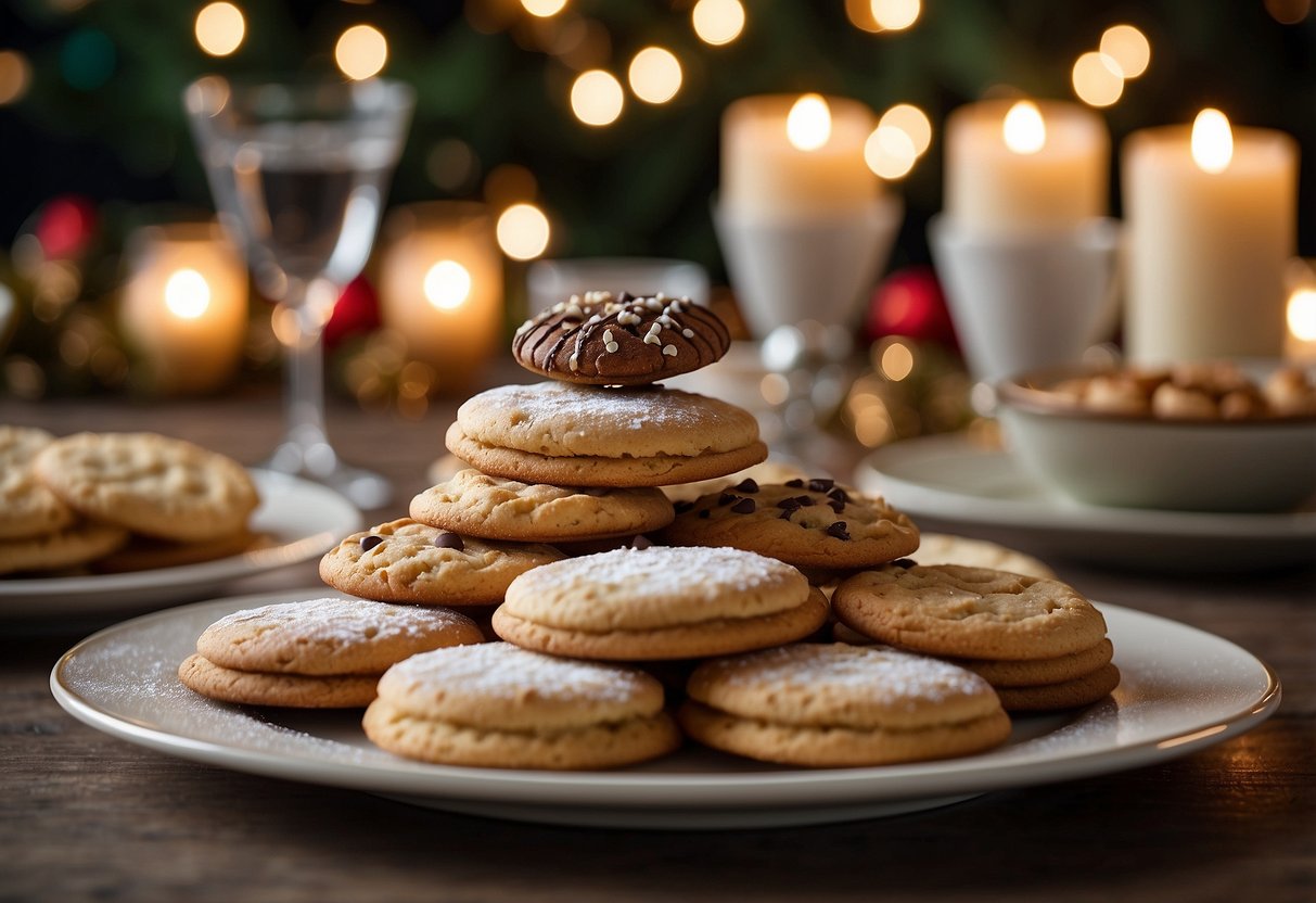 A festive table with assorted holiday cookie favors arranged on elegant platters, surrounded by twinkling lights and seasonal decorations