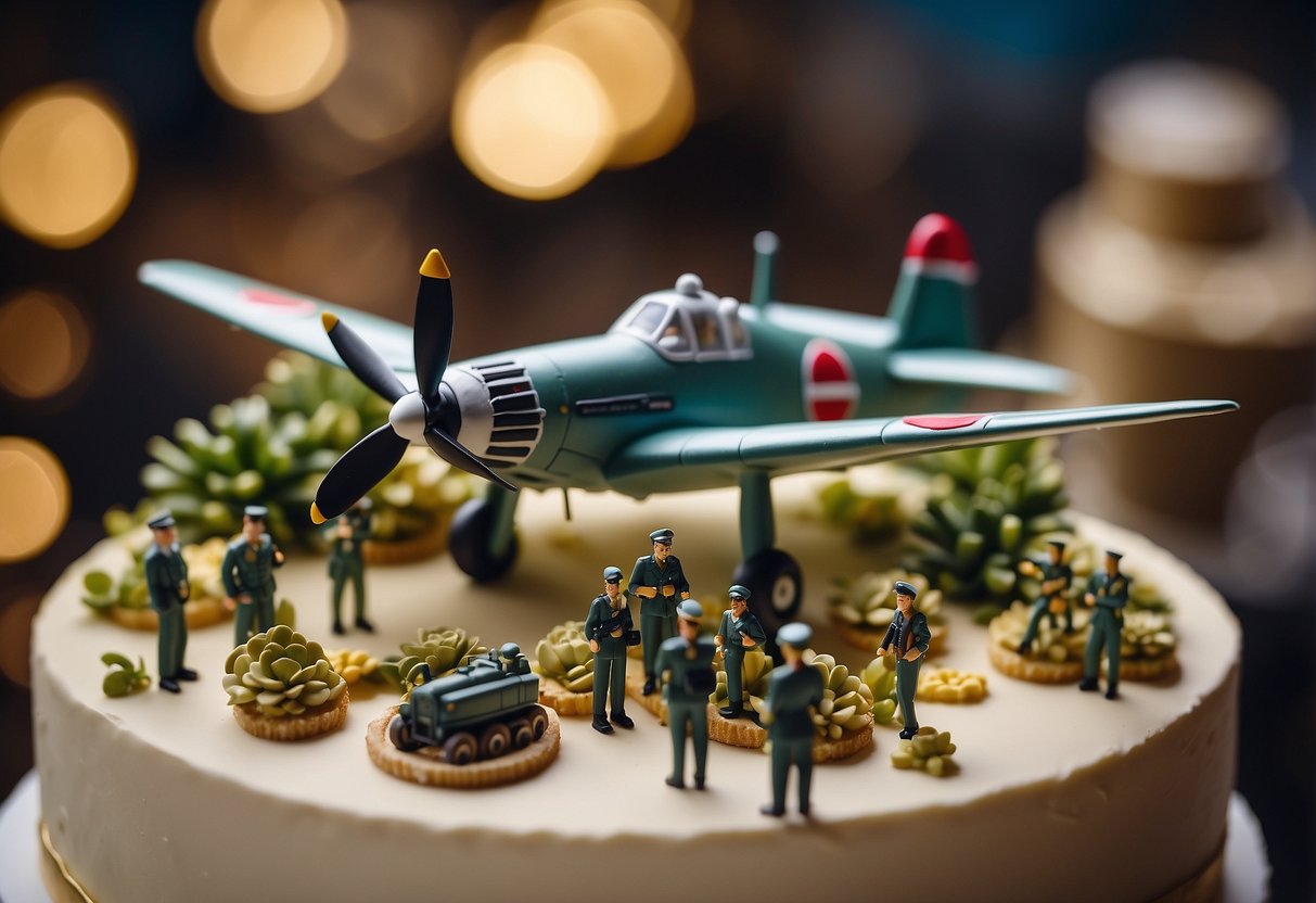 A vintage WW2 fighter plane cake topper sits atop a wedding cake, surrounded by miniature soldiers and military-themed decorations