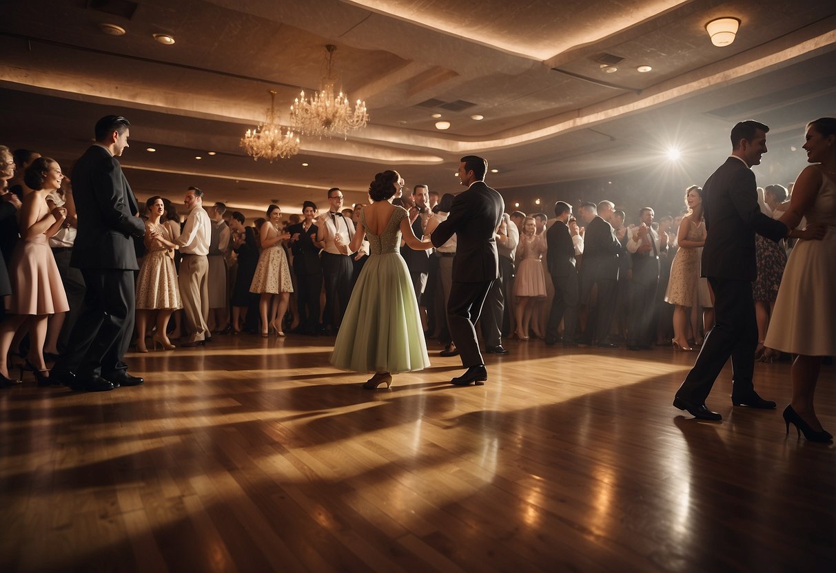 A crowded dance floor, filled with couples swaying to the sounds of a 1940s big band. The room is adorned with vintage WW2 wedding decor, adding a touch of nostalgia to the scene