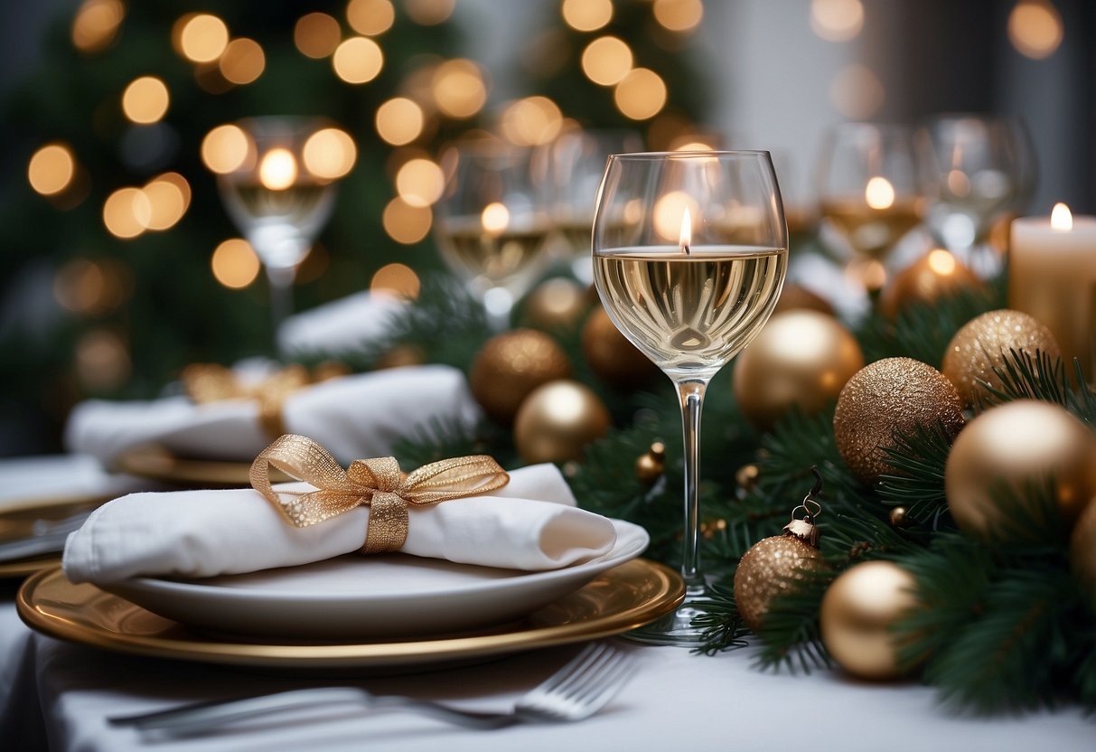 A festive table adorned with elegant ornament centerpieces for a Christmas wedding celebration