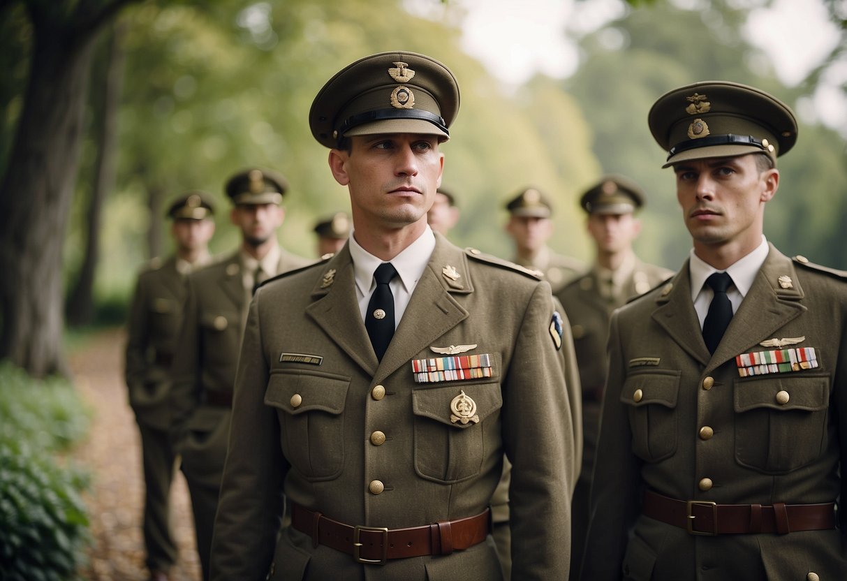 Groomsmen in ww2 military uniforms stand at attention in a vintage wedding setting