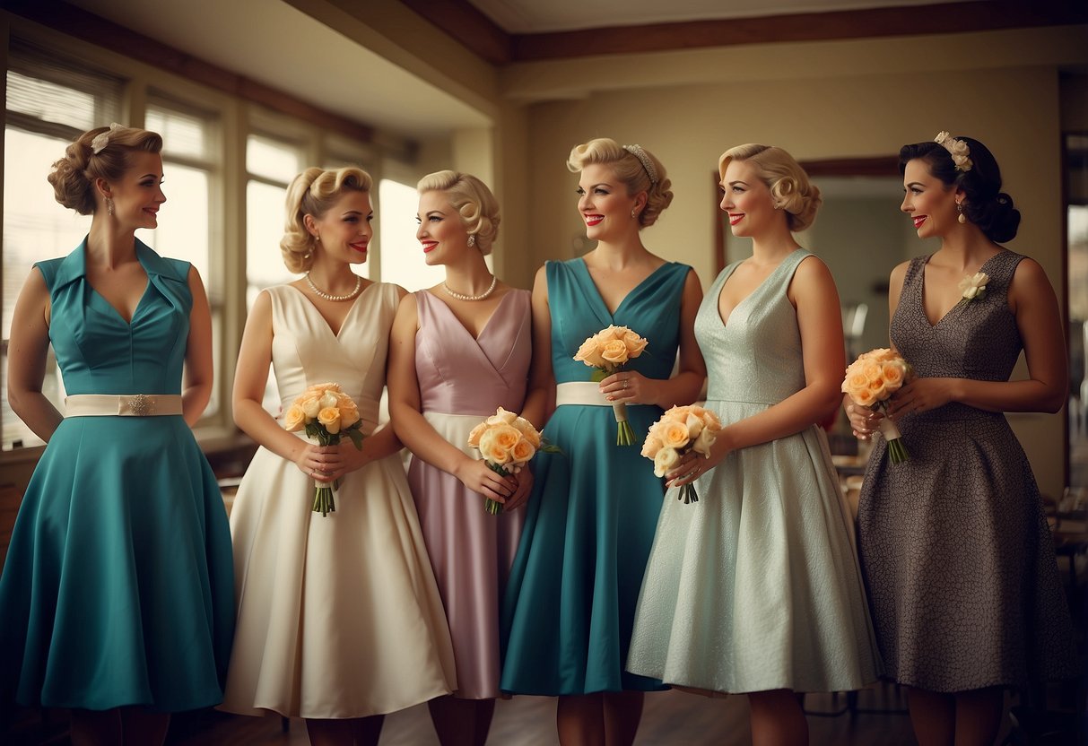 Bridesmaid dresses in vintage pin-up style, set in a WW2 era wedding scene with retro decor and hairstyles