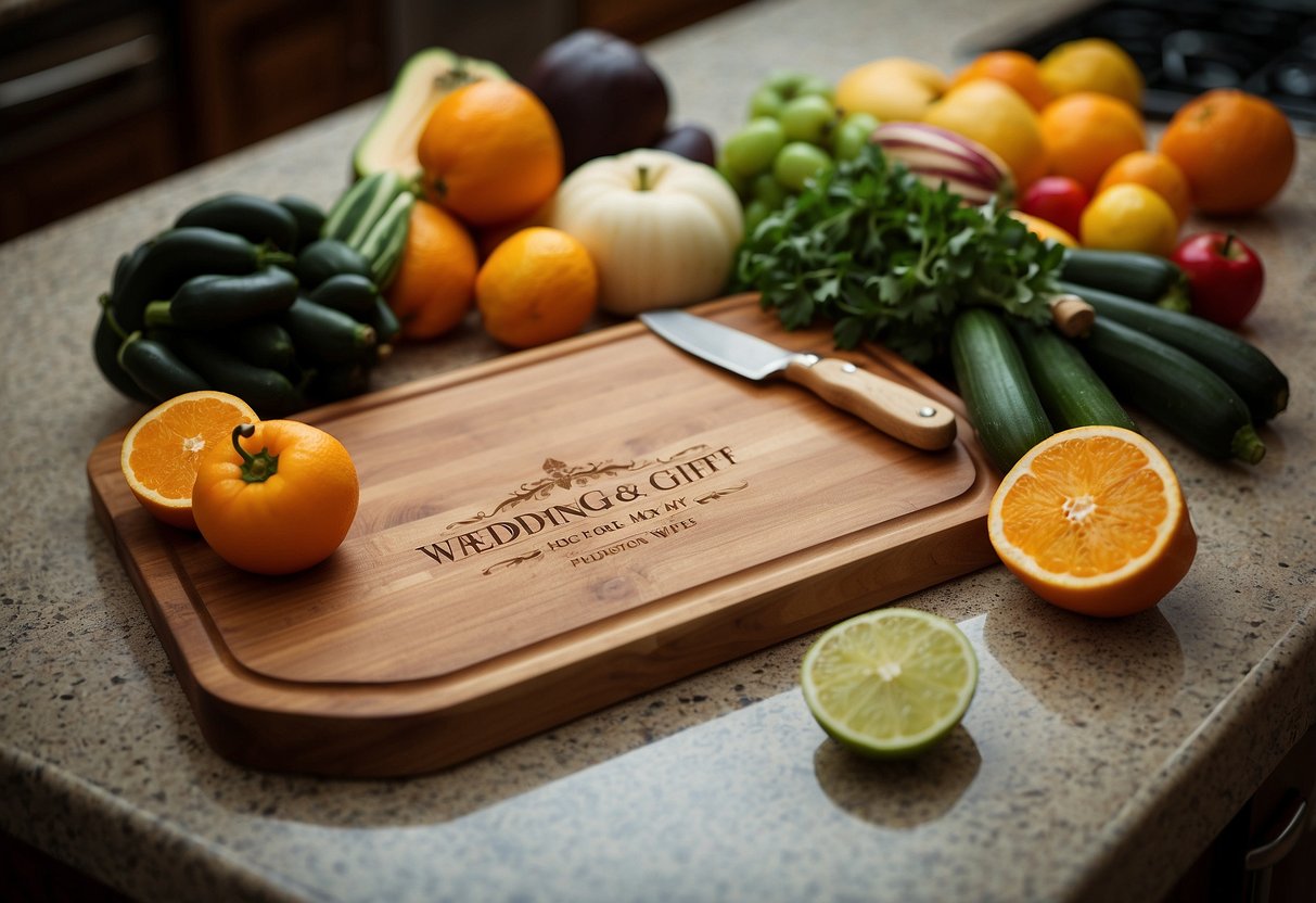 A beautifully engraved cutting board with the words "Wedding Gift for My Wife" displayed on a kitchen counter, surrounded by fresh fruits and vegetables