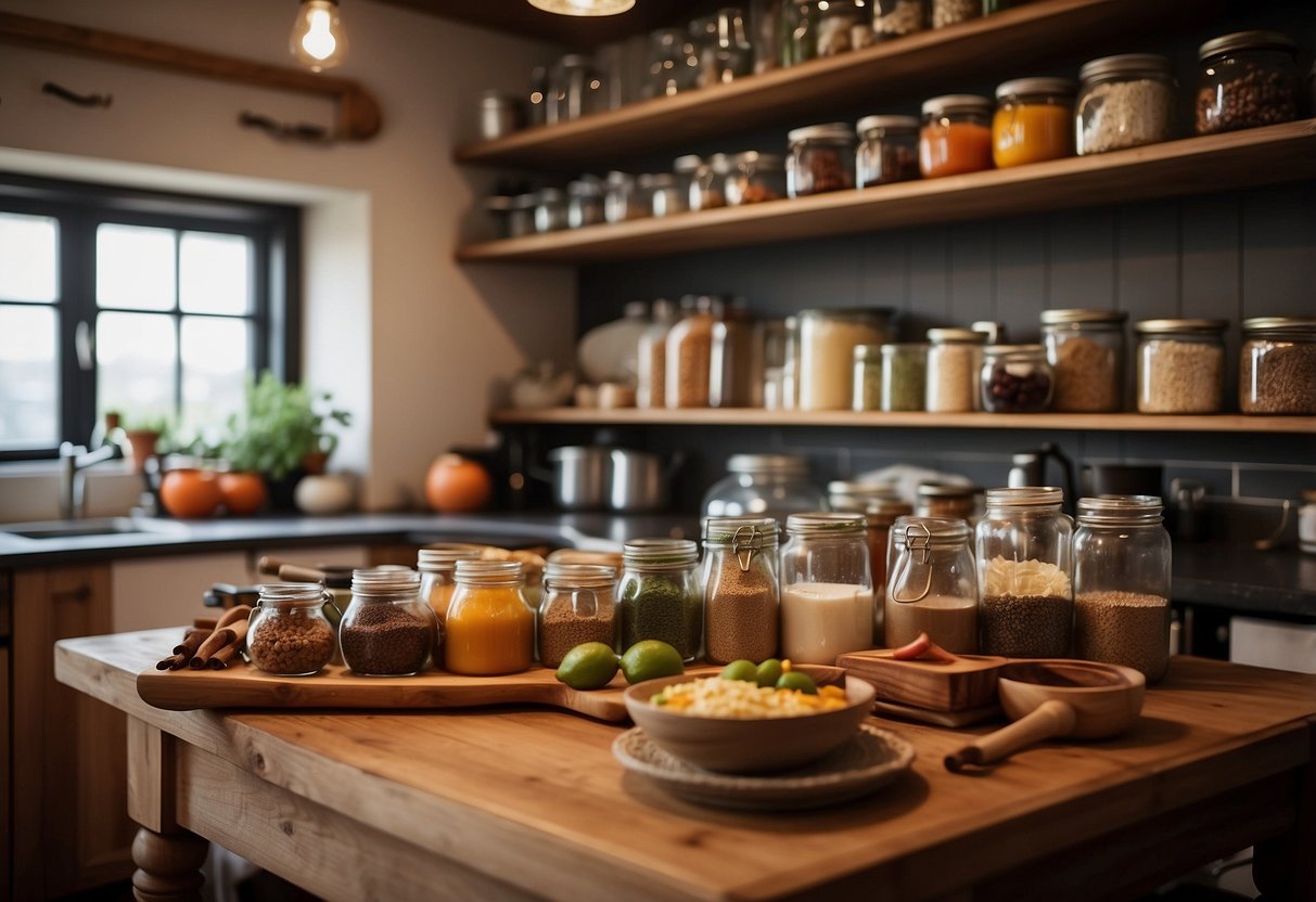 A cozy kitchen with a wooden table set for two, surrounded by shelves of cookbooks and jars of spices. A colorful array of fresh ingredients and cooking utensils are laid out, ready for a fun and romantic cooking class