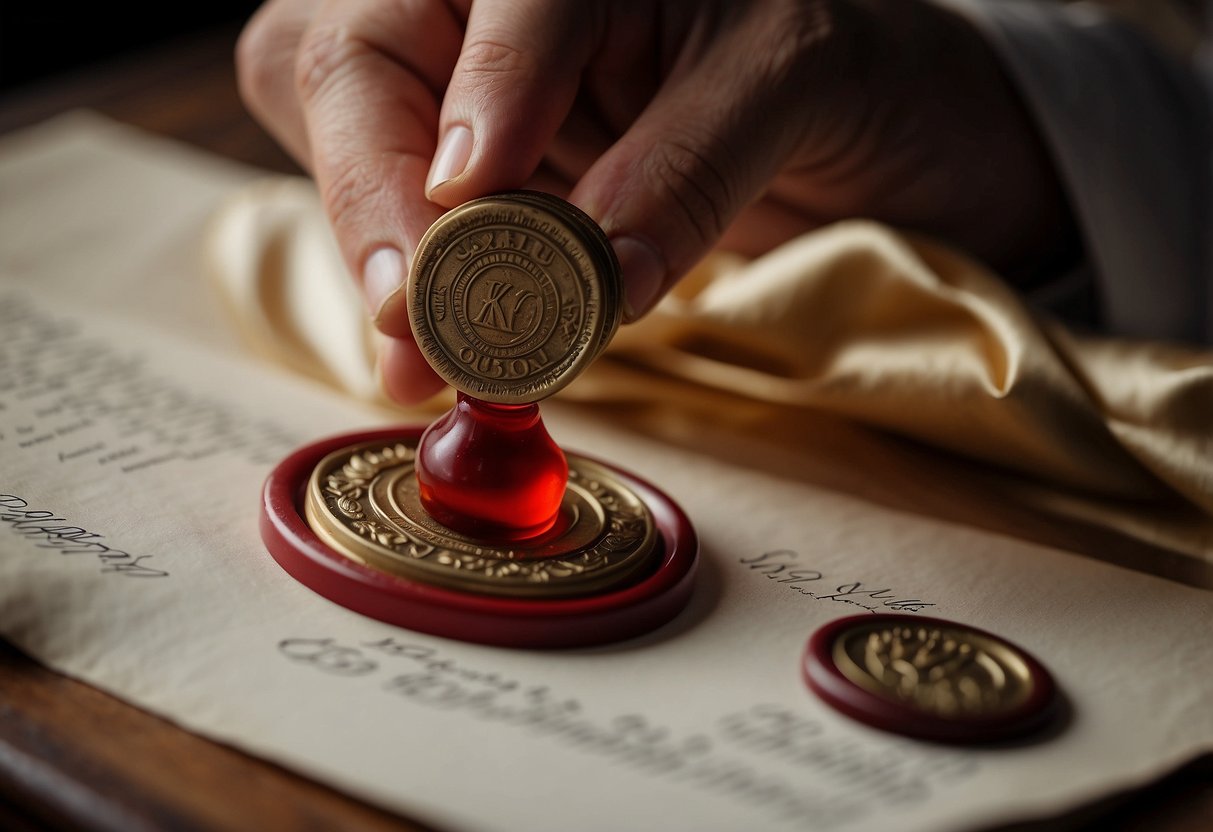 A hand presses a wax seal onto a letter, leaving an impression of a kiss. WWII wedding theme