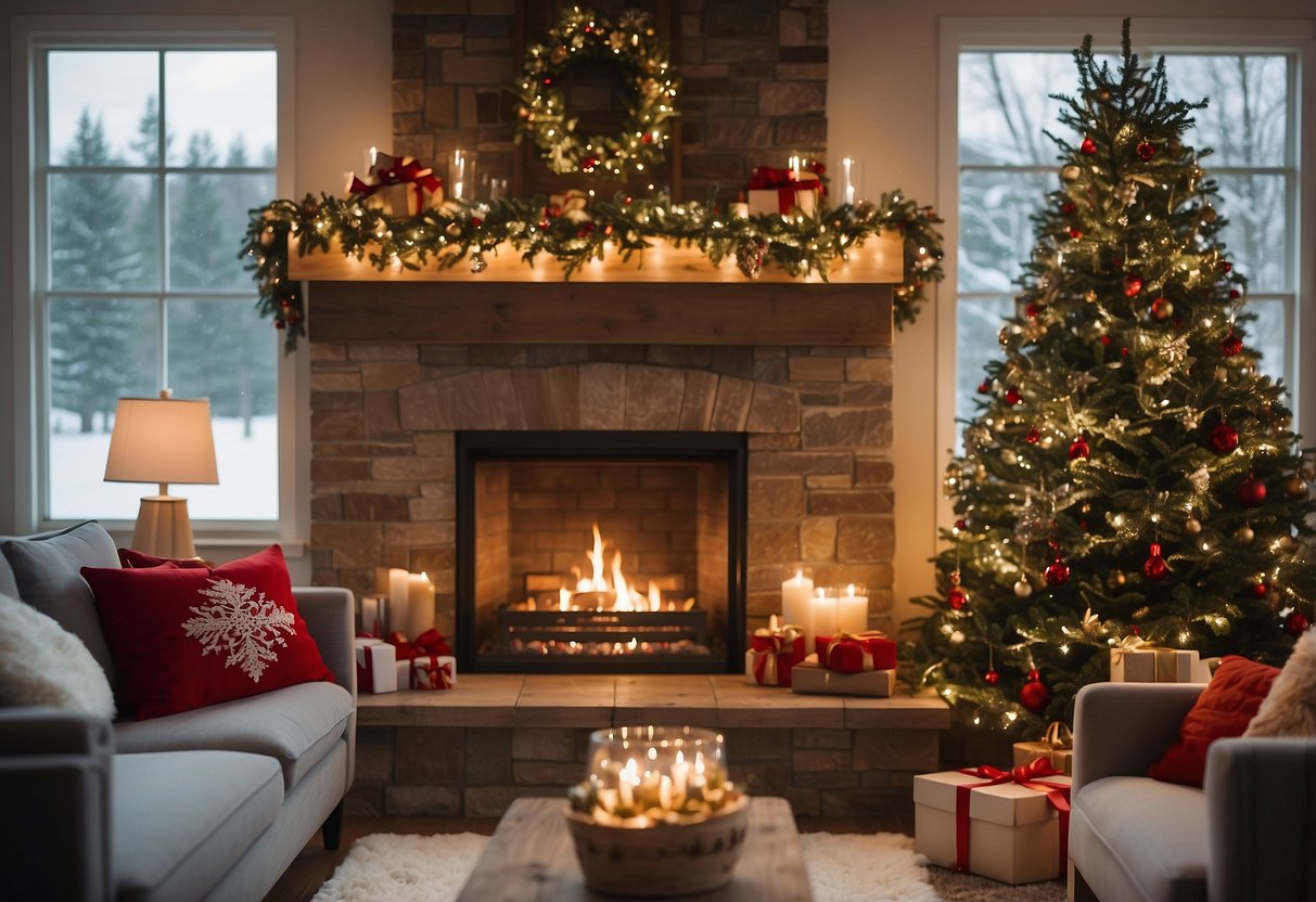 A cozy winter wonderland wedding scene with twinkling lights, evergreen garlands, and festive red and gold accents. A rustic fireplace adorned with stockings and a sparkling Christmas tree completes the festive decor