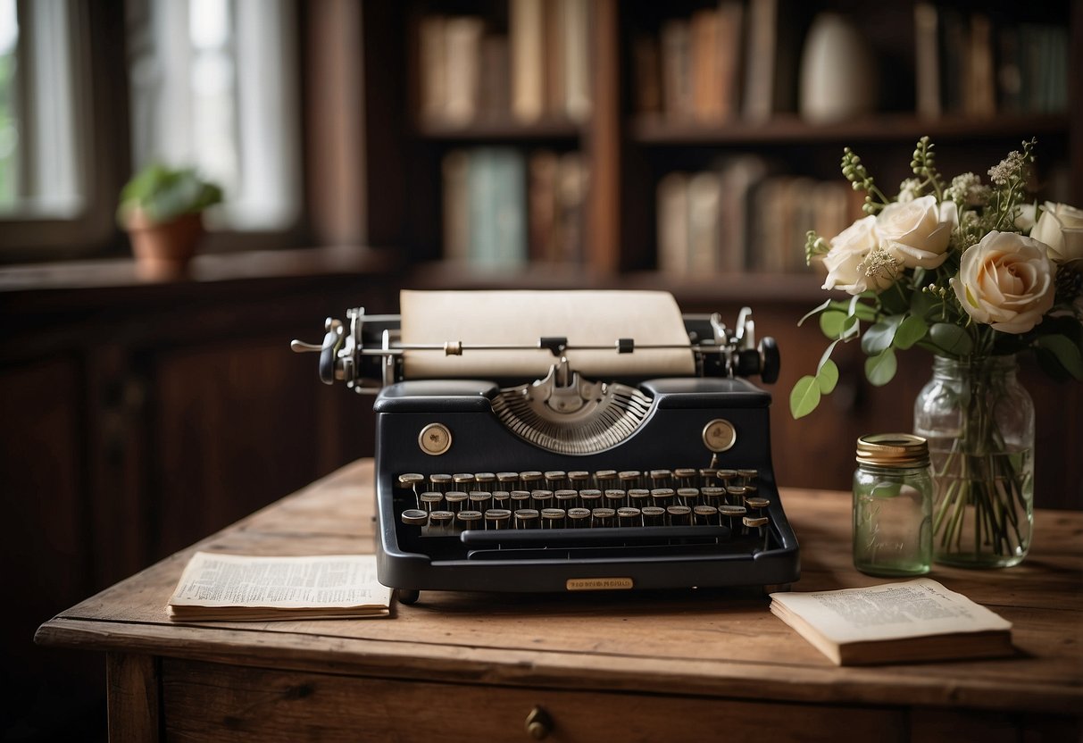 An old-fashioned typewriter sits on a wooden table, surrounded by vintage WW2 wedding decor. A guestbook with faded pages is open, waiting for well wishes