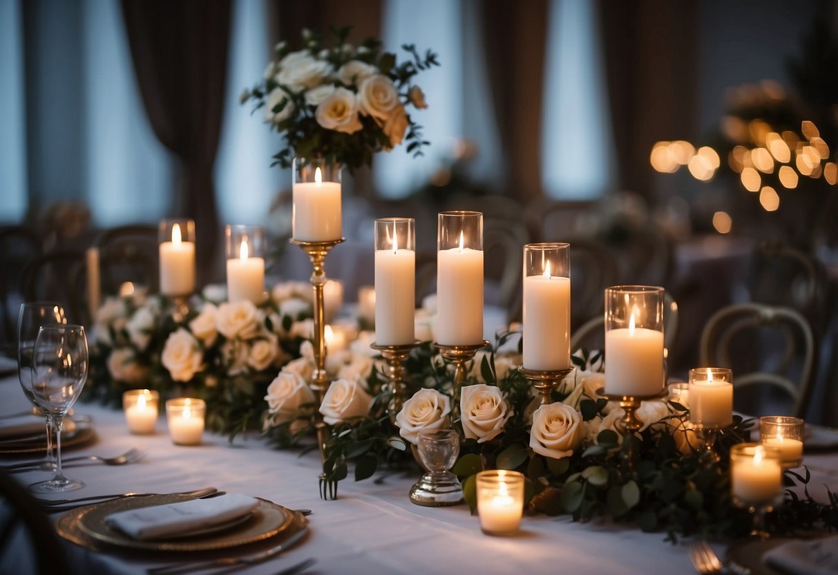 A long, elegant table adorned with fresh flowers, candles, and delicate place settings. A cascading floral centerpiece and soft, romantic lighting create a dreamy atmosphere