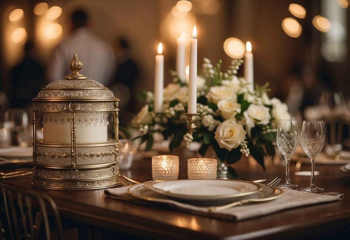 A vintage wedding set in a 1940s ballroom with war-era decorations and romantic lighting