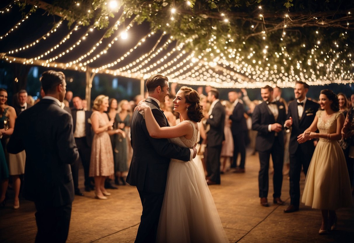 A swing band plays under a canopy of twinkling lights as couples dance in vintage attire at a WW2-themed wedding