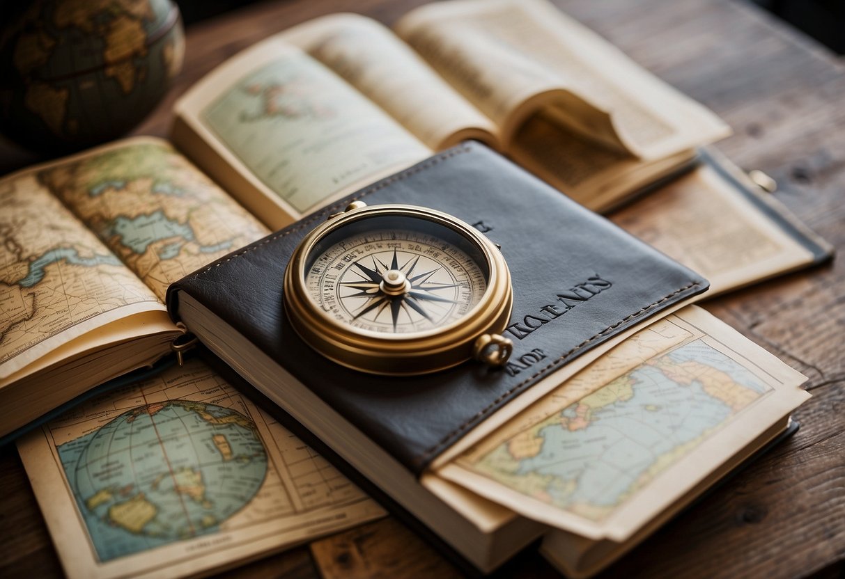 A personalized travel journal with a map cover, vintage postcards, and space for writing memories and adventures. A compass and a globe add to the theme