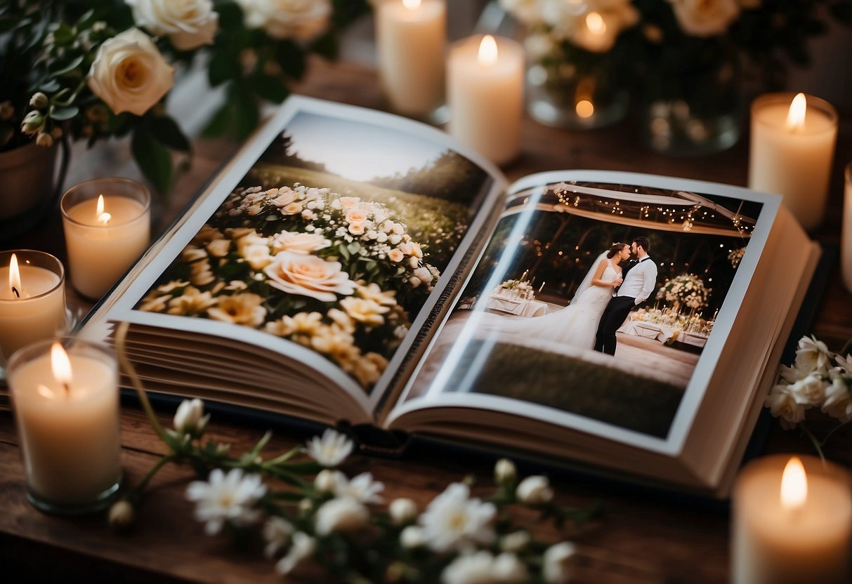 An open photo album filled with wedding memories, surrounded by flowers and candles