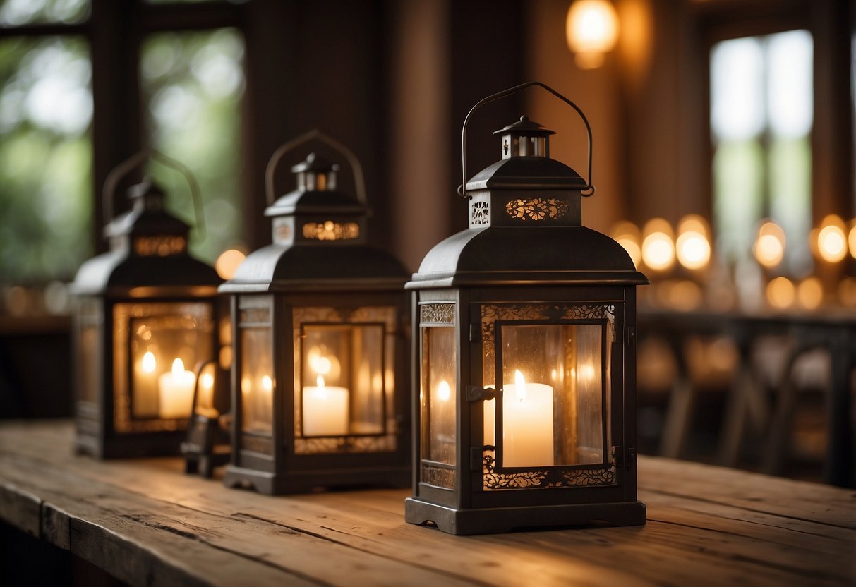 A long head table adorned with vintage lanterns, casting a warm glow over the rustic wooden surface