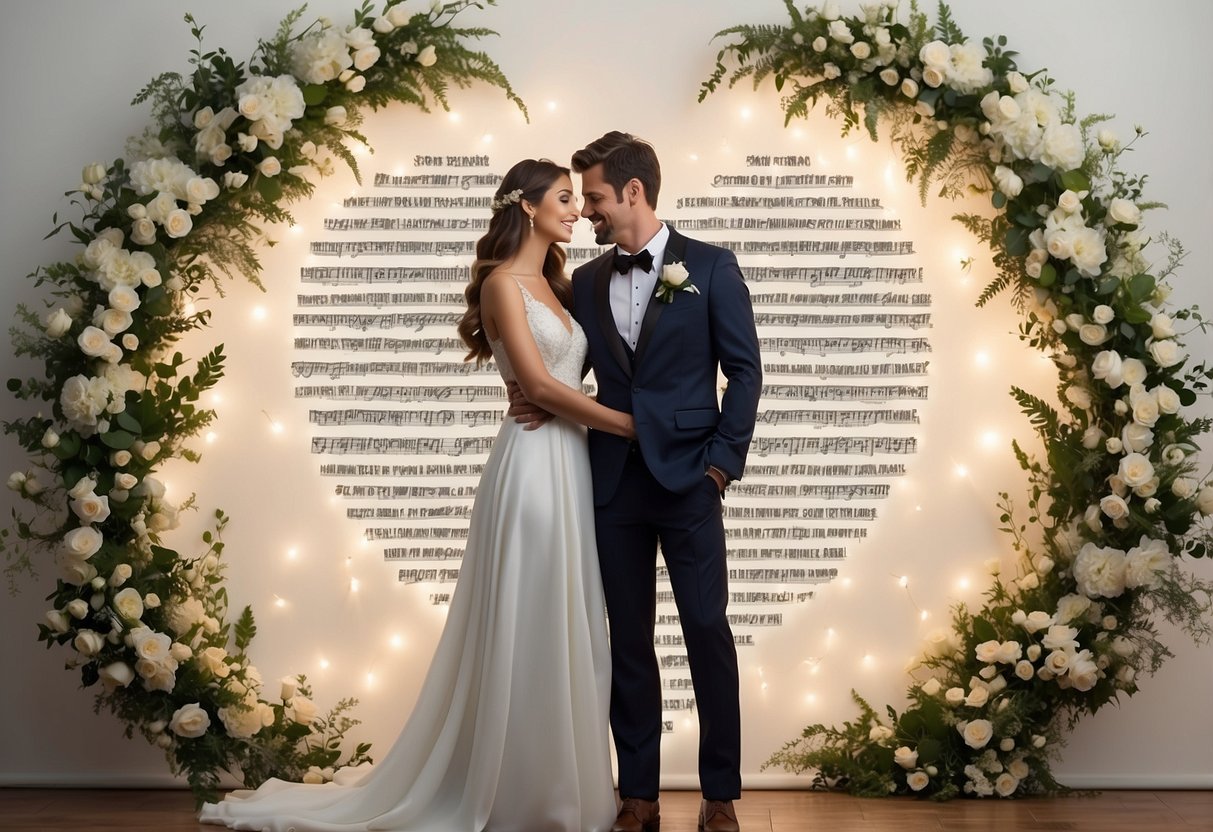 A couple's wedding song lyrics displayed in elegant calligraphy, surrounded by delicate floral designs and a heart-shaped frame