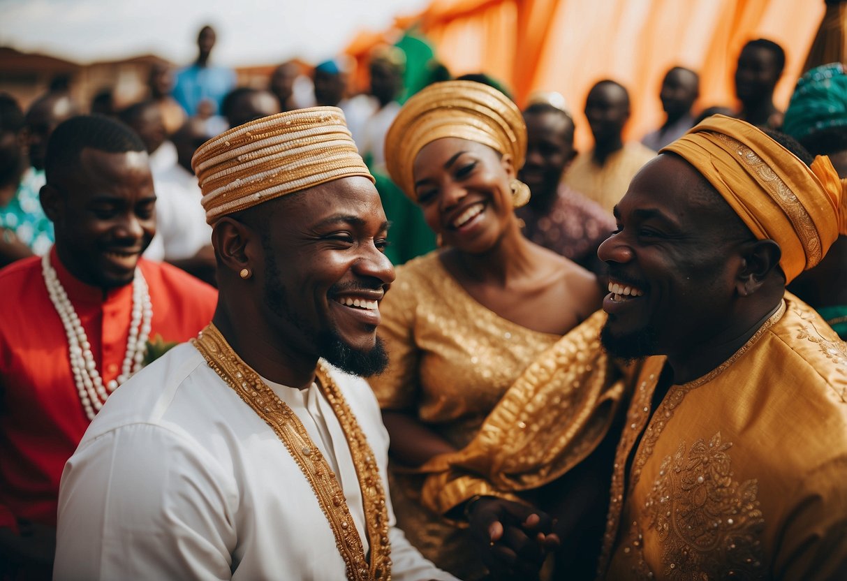 A vibrant Nigerian wedding with traditional attire, colorful decor, and joyful dancing