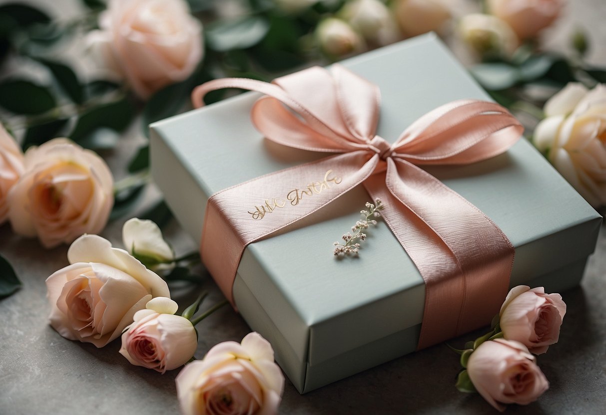 A beautifully wrapped gift box with a ribbon, surrounded by delicate flowers and elegant calligraphy writing "Why Thoughtful Gifts Matter wedding gift ideas for my wife."