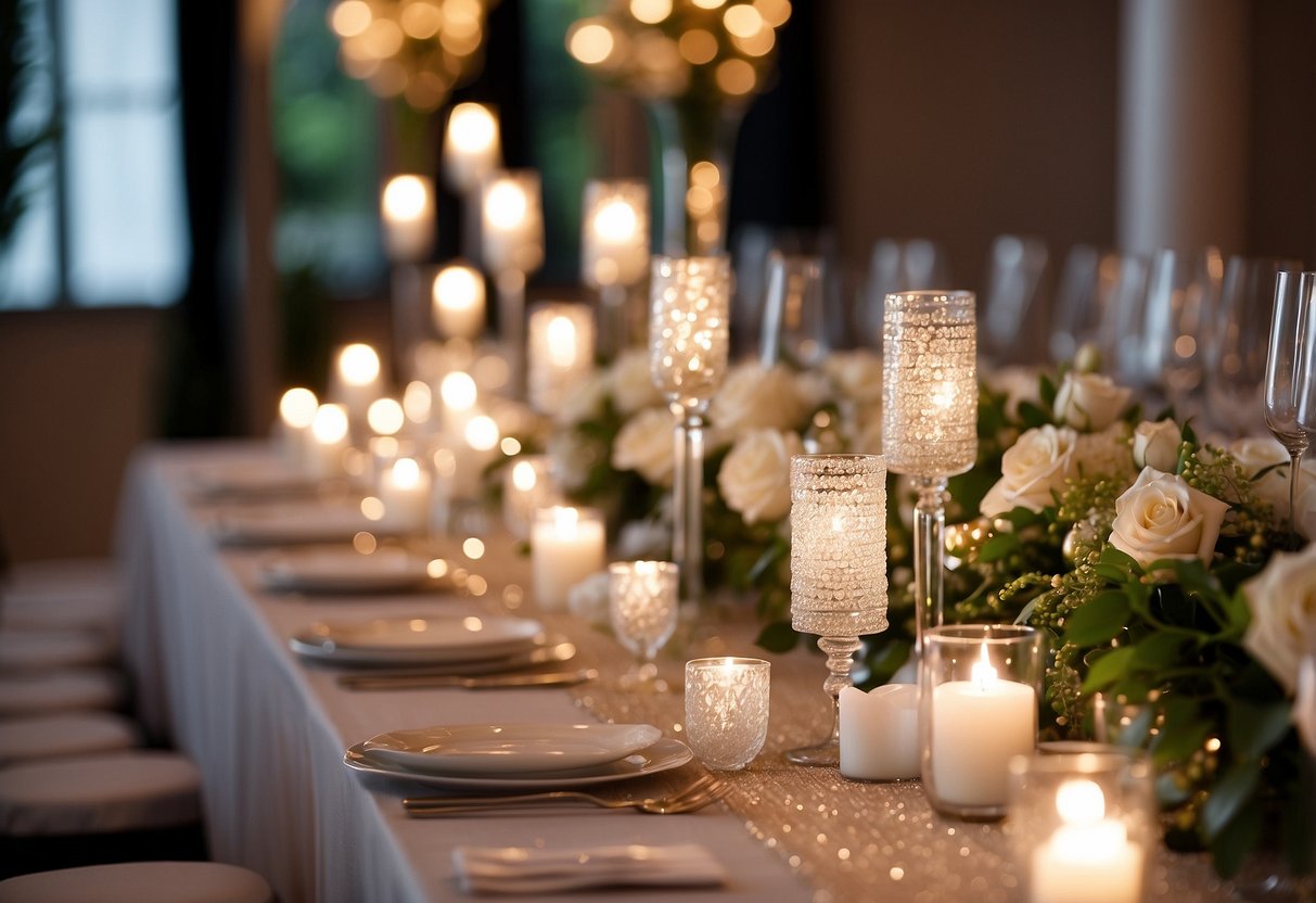 A long head table adorned with shimmering sequined table runners, creating a glamorous and elegant focal point for a wedding reception