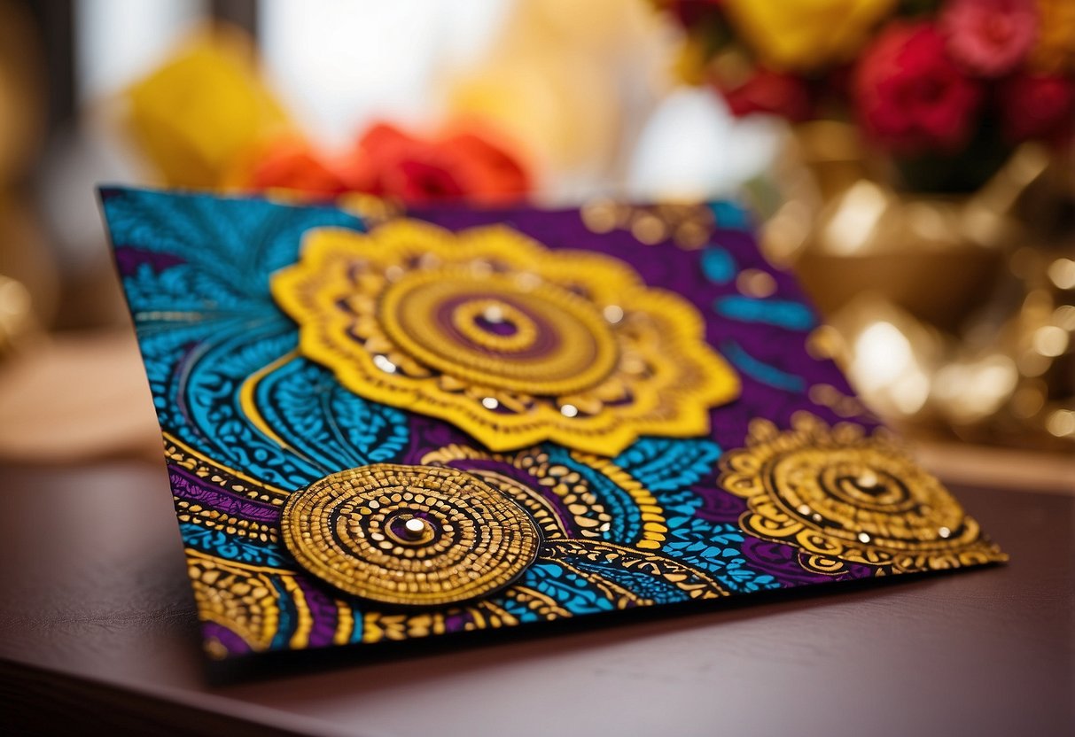 Vibrant Ankara print invitations arranged on a table with traditional Nigerian wedding decor in the background