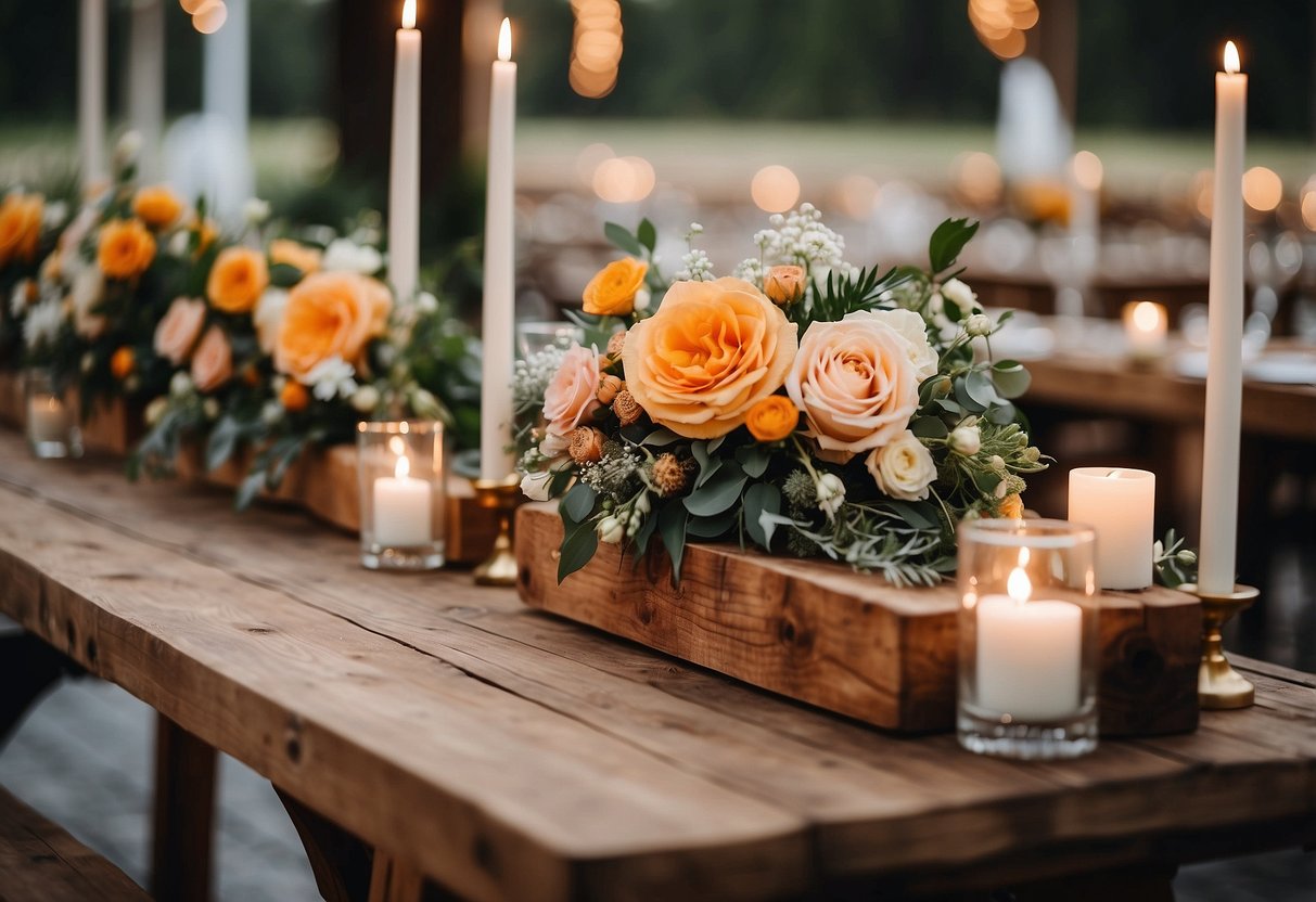 A rustic wooden head table adorned with slices, flowers, and candles