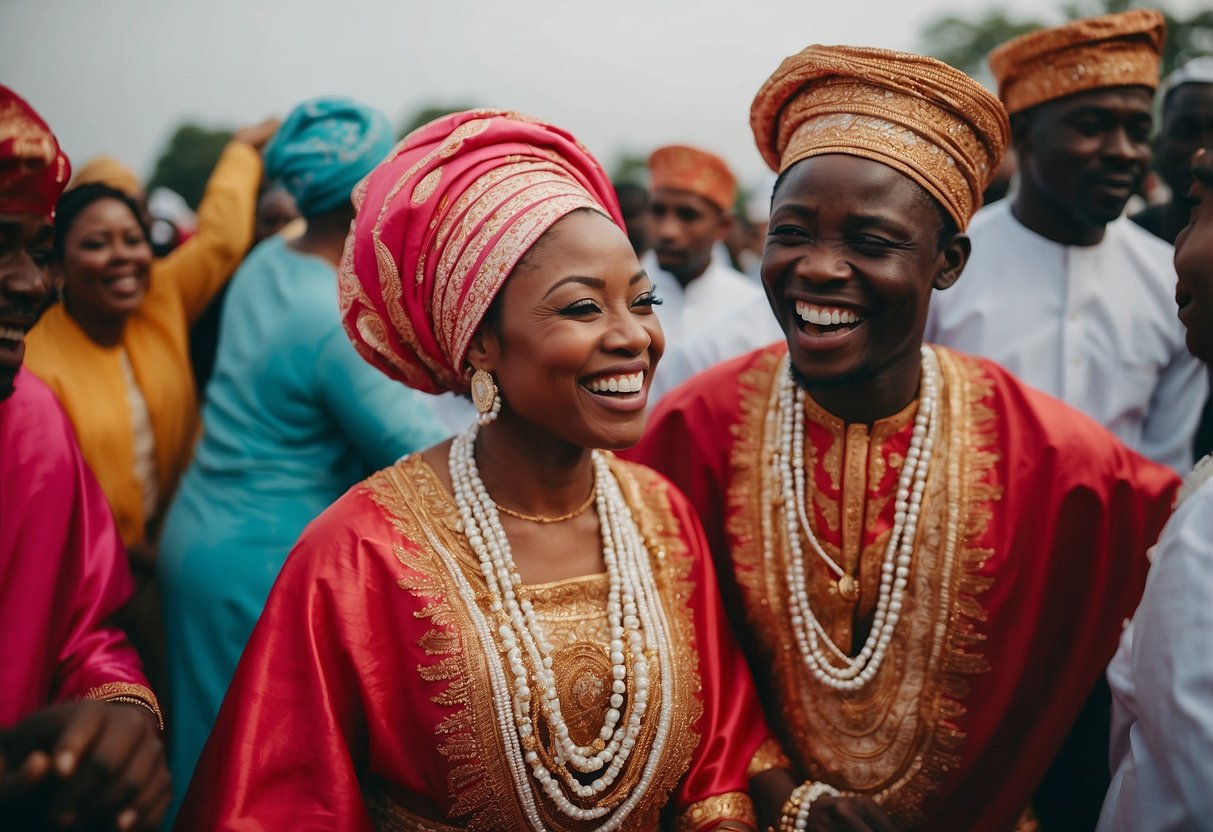 A lively Nigerian wedding featuring vibrant traditional attire, energetic Fuji music, and joyful dancing