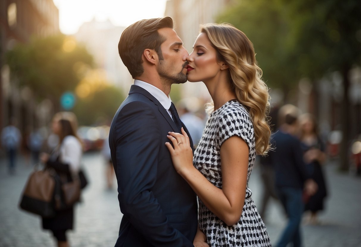 Two figures lean in for a kiss, one dipping the other back with a hand on their waist