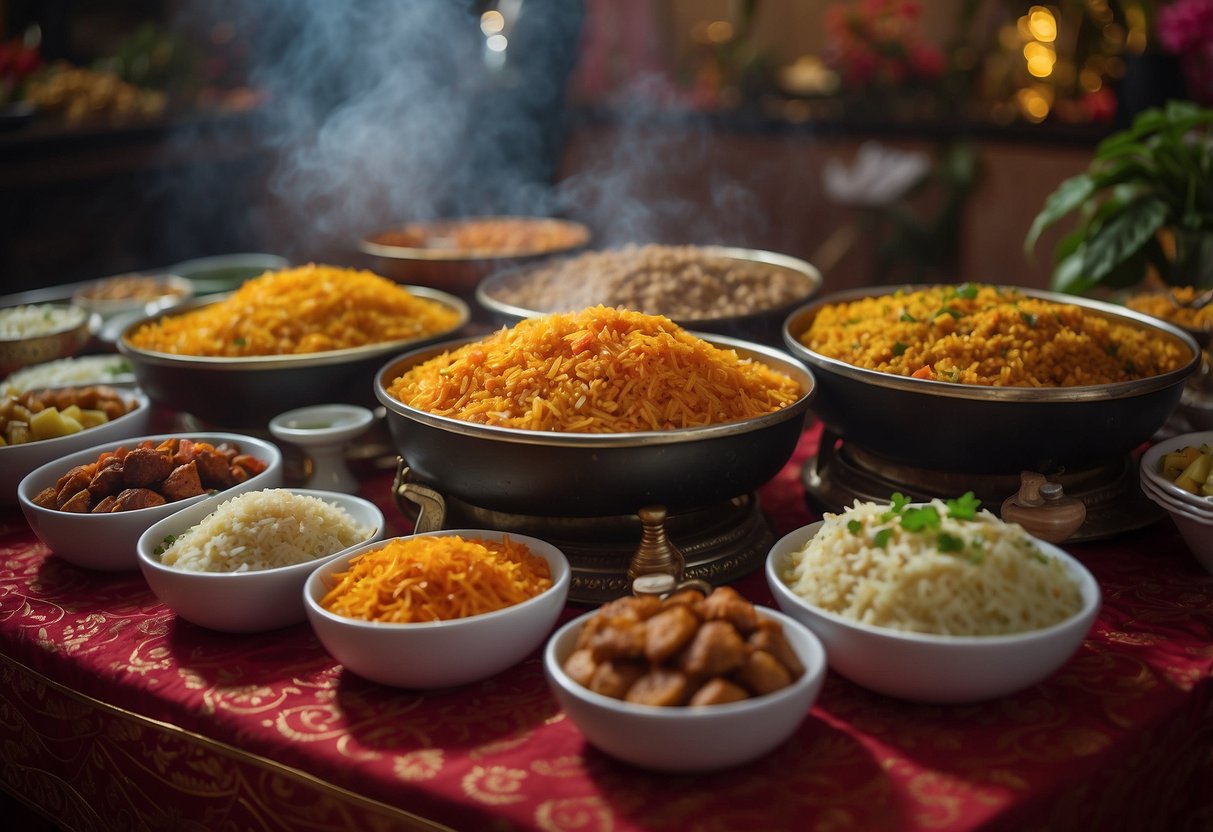 A colorful buffet table with steaming pots of Jollof rice, garnished with plantains and assorted meats. Decorative Nigerian wedding motifs adorn the backdrop