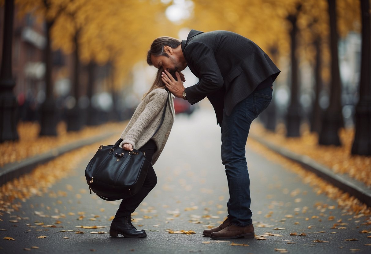 A tall figure leans down, while a shorter figure tilts their head back for a kiss